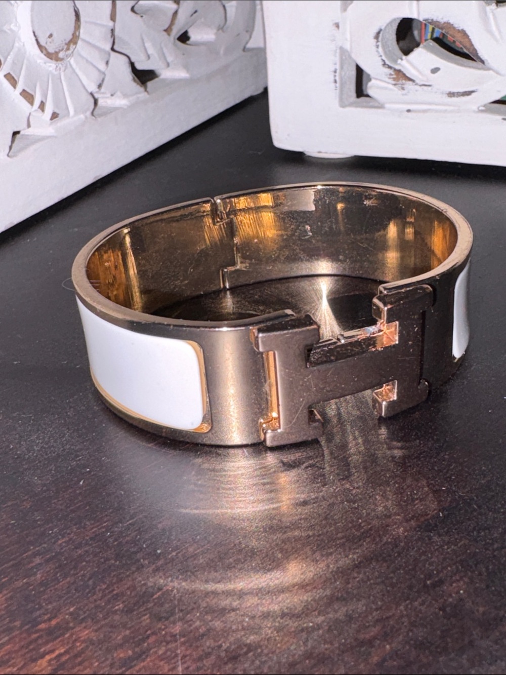 Hermes Gold & White Hinge Cuff Bracelet